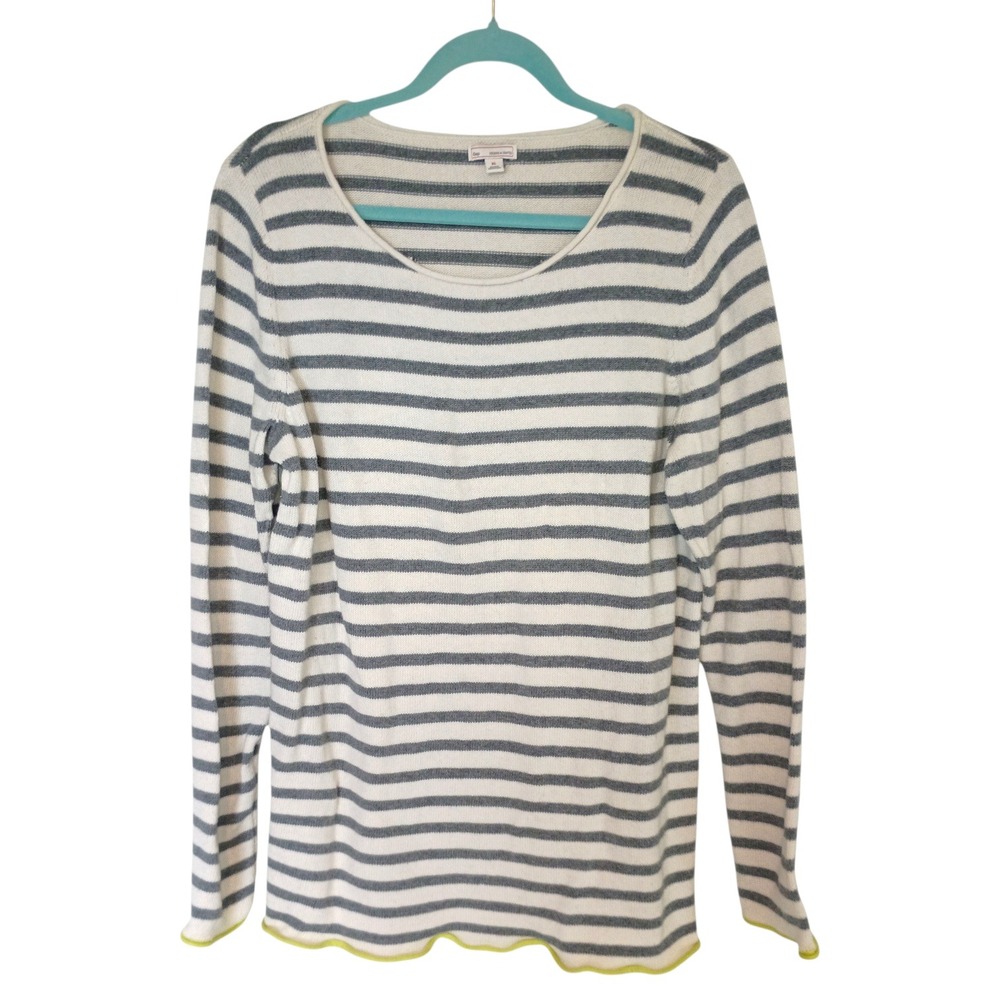 Gap Womens XL Striped Crewneck Sweater Grey Cream Lime Green Scallop Hem Knit